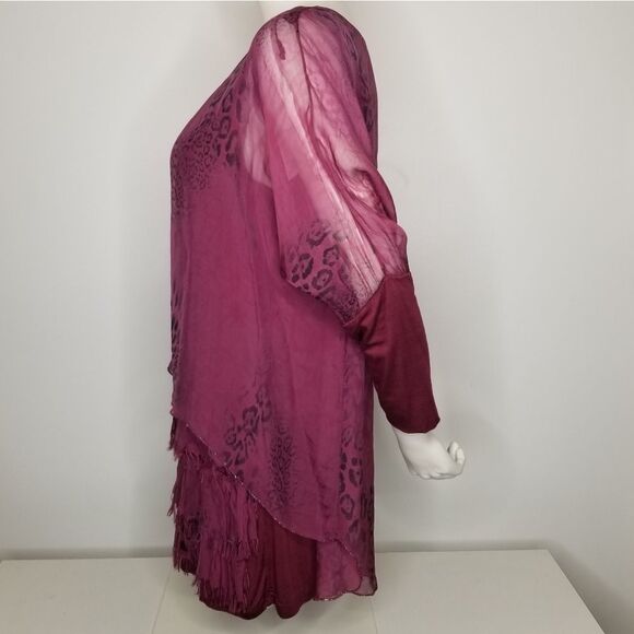 Made in Italy Women's Maroon Layered Sheer Top 3/4 Sleeve - Picture 8 of 15